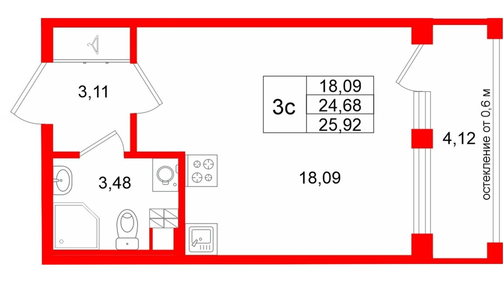 Планировка: студия, 24,7 м²
