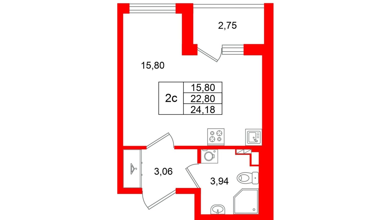 Планировка: студия, 22,8 м²