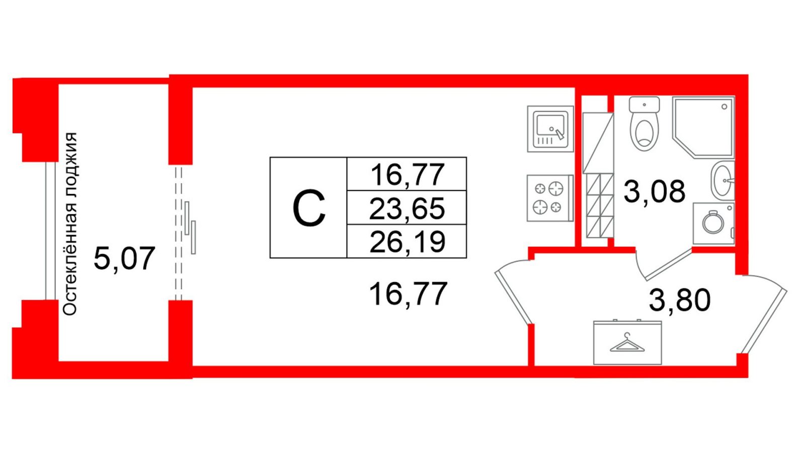 Планировка: студия, 23,7 м²