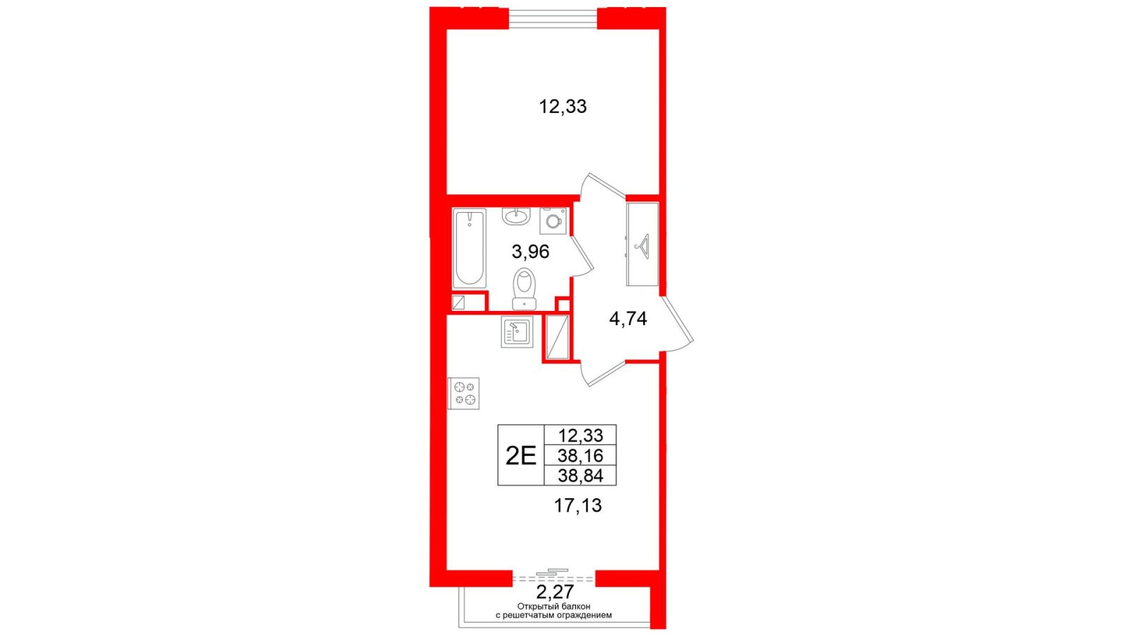 Планировка: 1-комнатная квартира, 38,2 м²