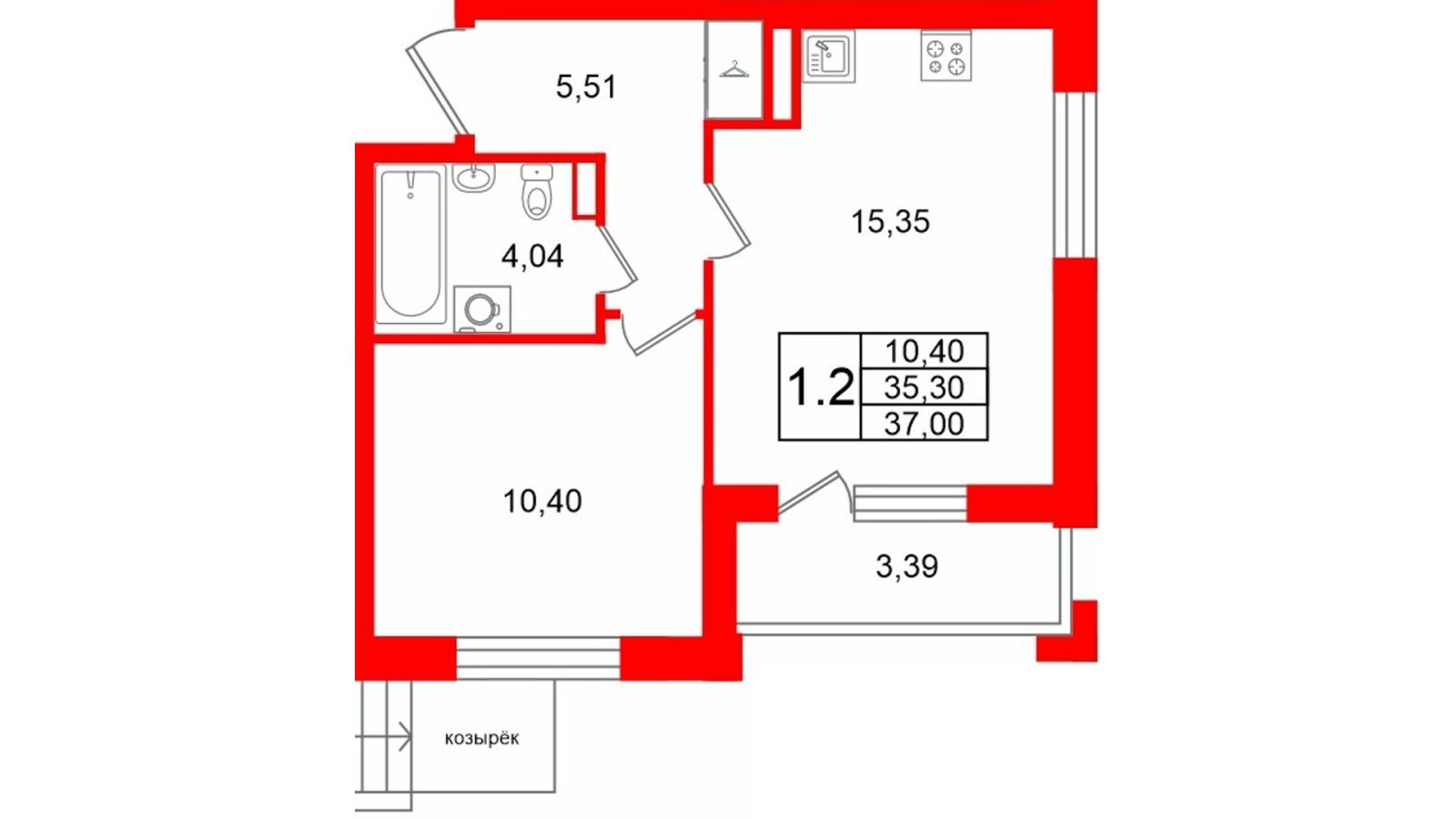 Планировка: 1-комнатная квартира, 35,3 м²