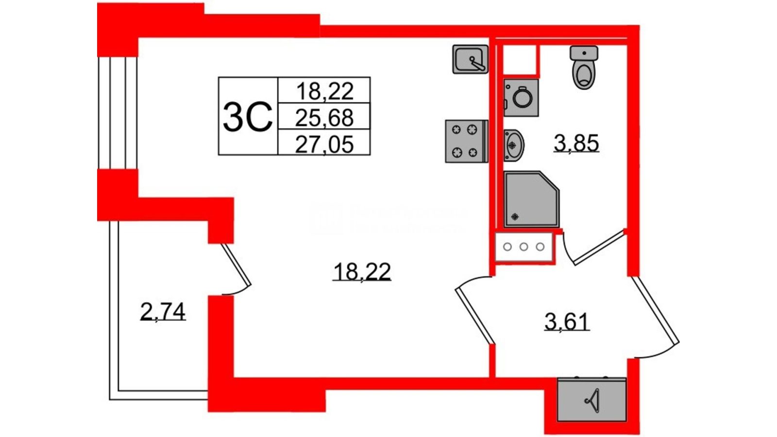 Планировка: студия, 25,7 м²