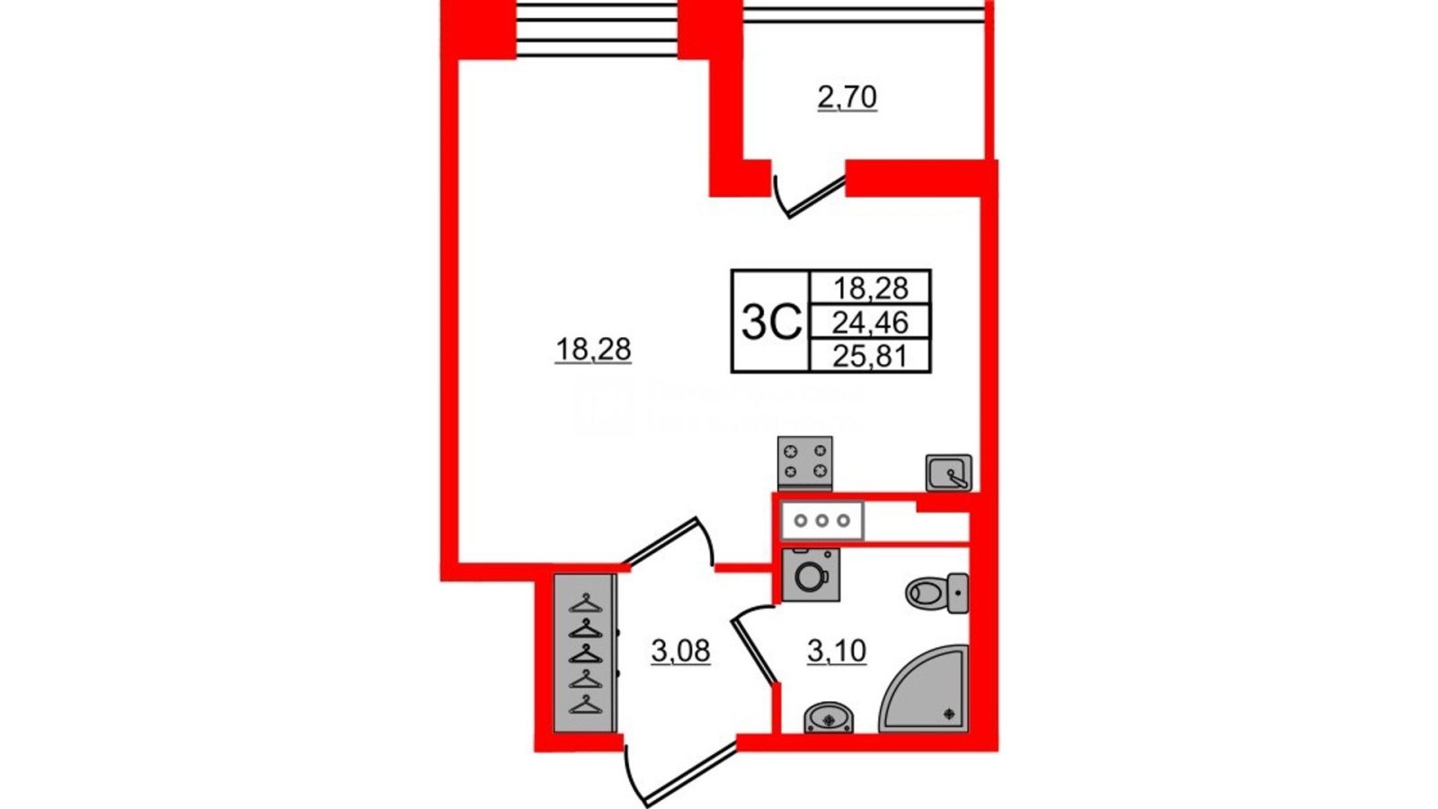 Планировка: студия, 24,5 м²