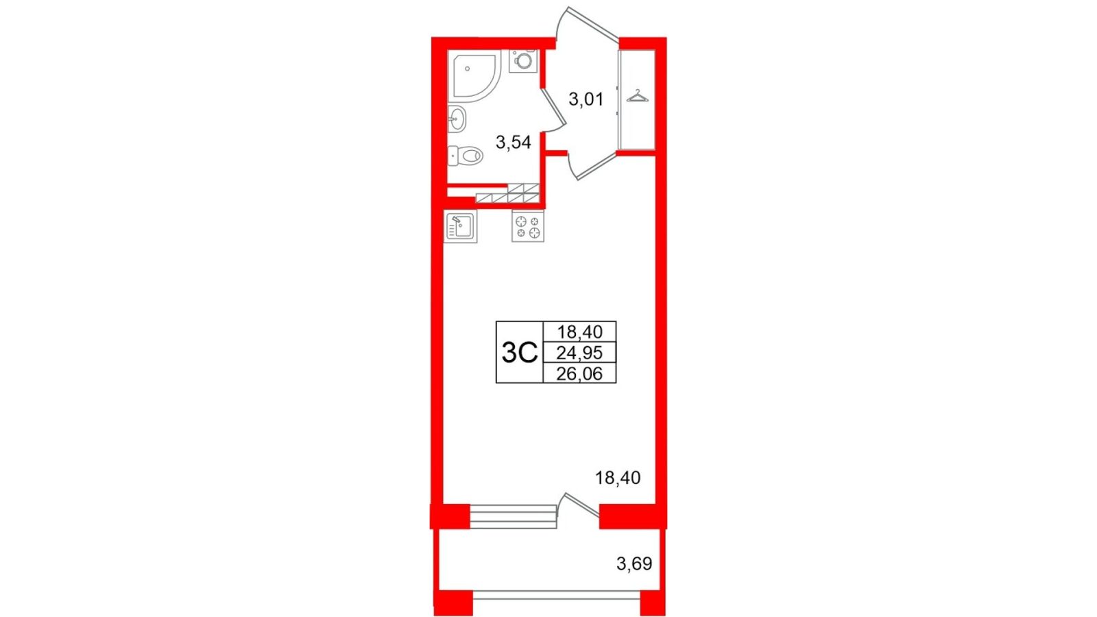 Планировка: студия, 25,0 м²
