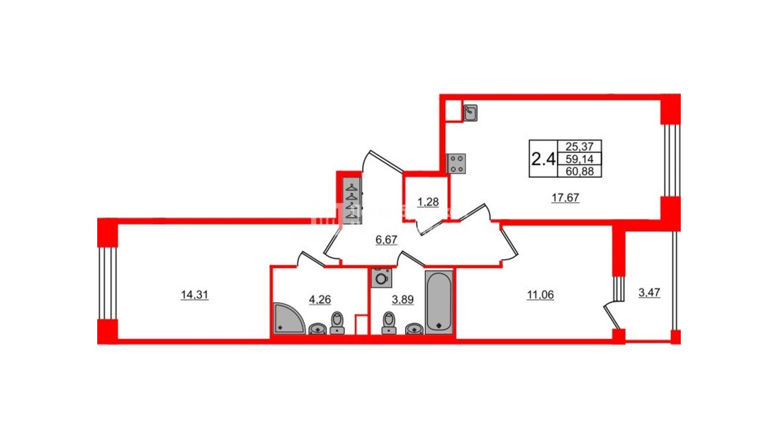 Планировка: 2-комнатная квартира, 59,1 м²