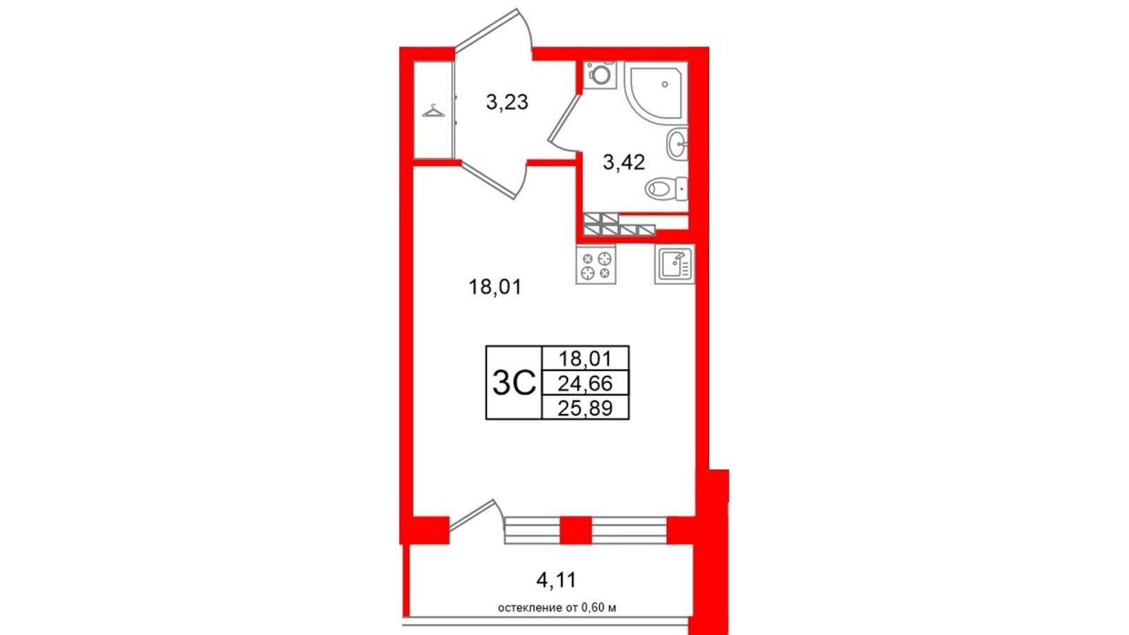 Планировка: студия, 24,7 м²