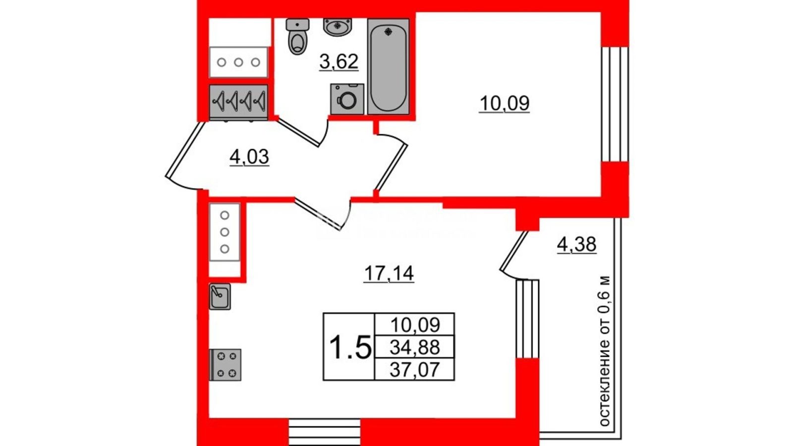 Планировка: 1-комнатная квартира, 34,9 м²