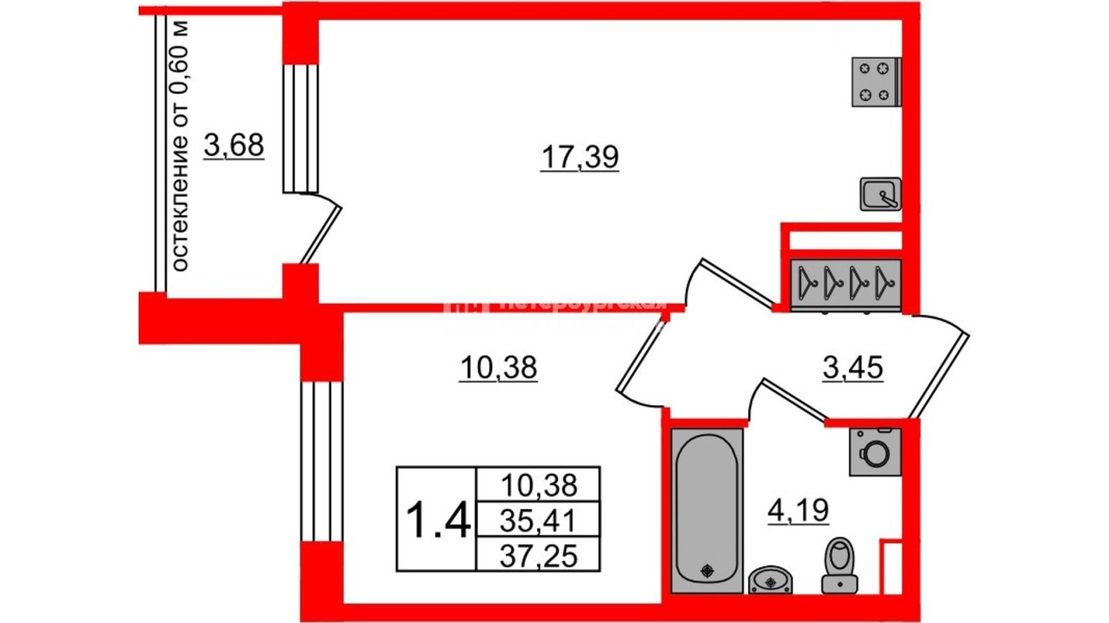 Планировка: 1-комнатная квартира, 35,4 м²