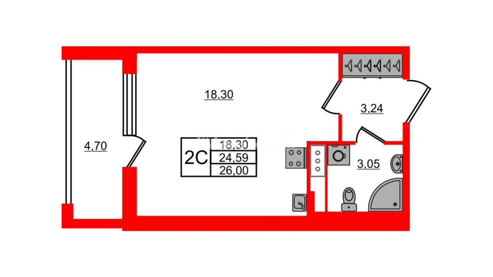 Планировка: студия, 24,6 м²