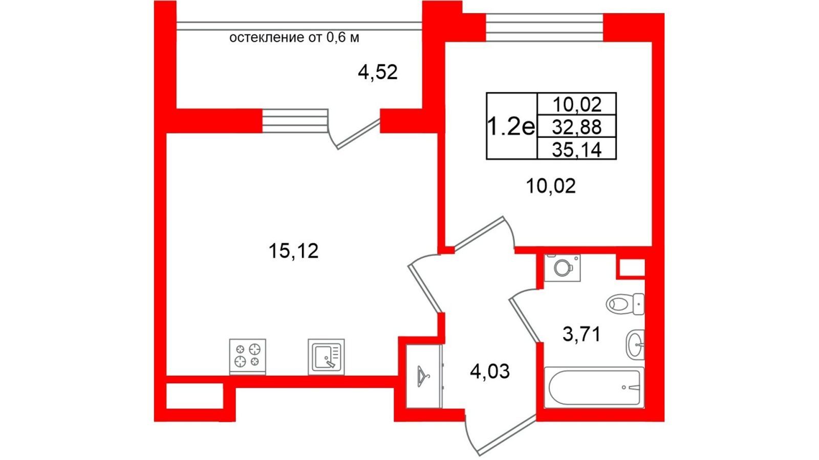 Планировка: 1-комнатная квартира, 32,9 м²