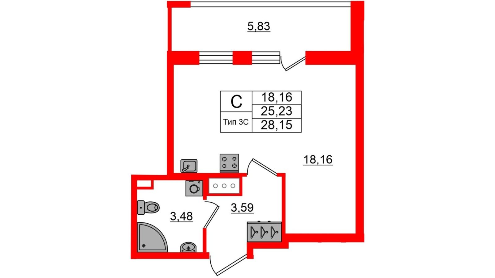 Планировка: студия, 25,2 м²