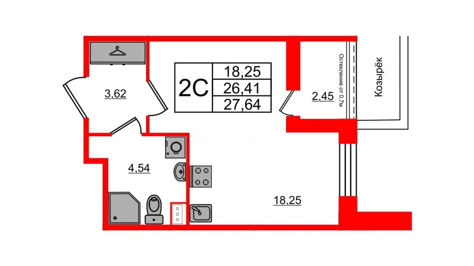 Планировка: студия, 26,0 м²
