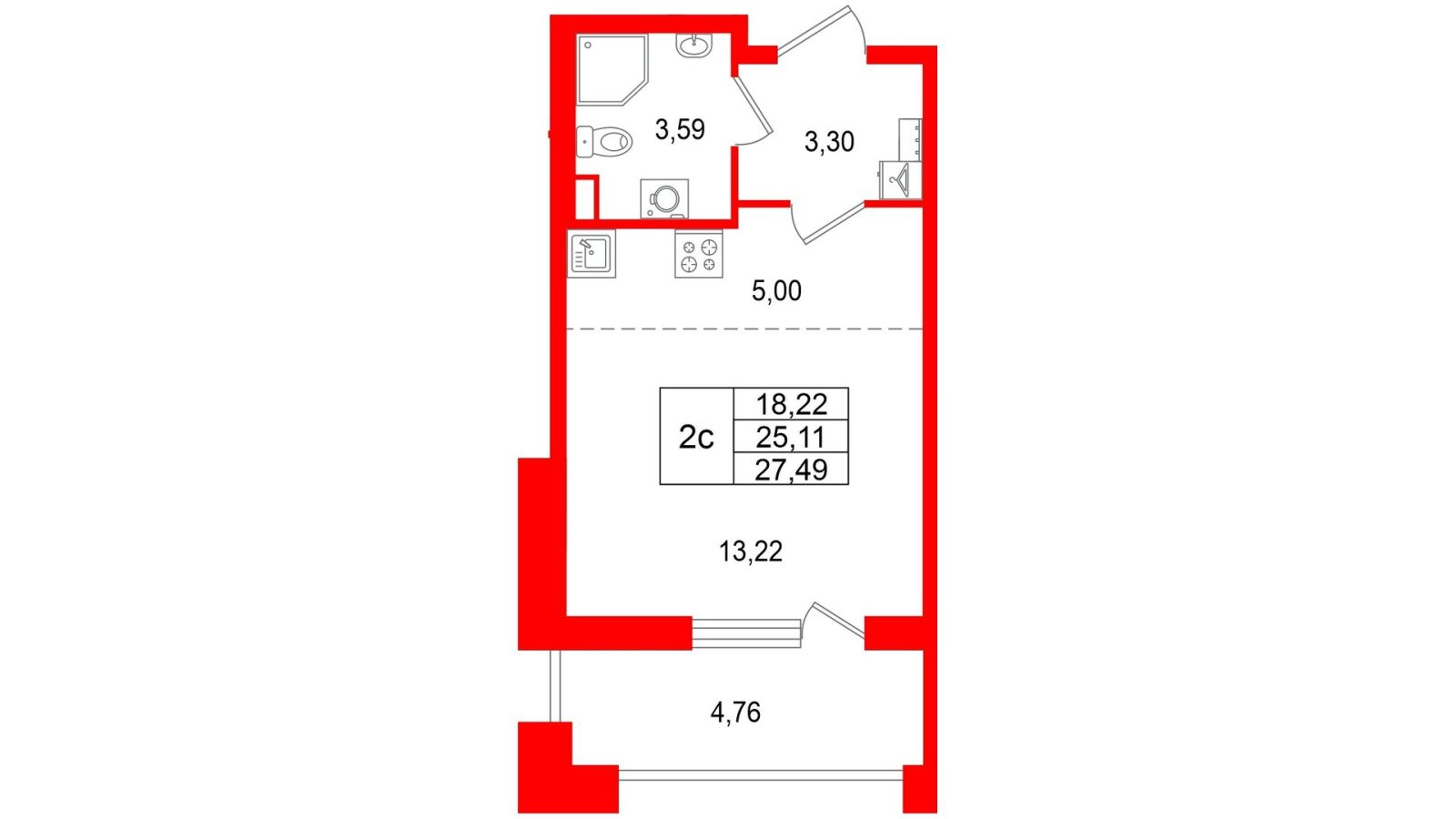 Планировка: студия, 25,1 м²