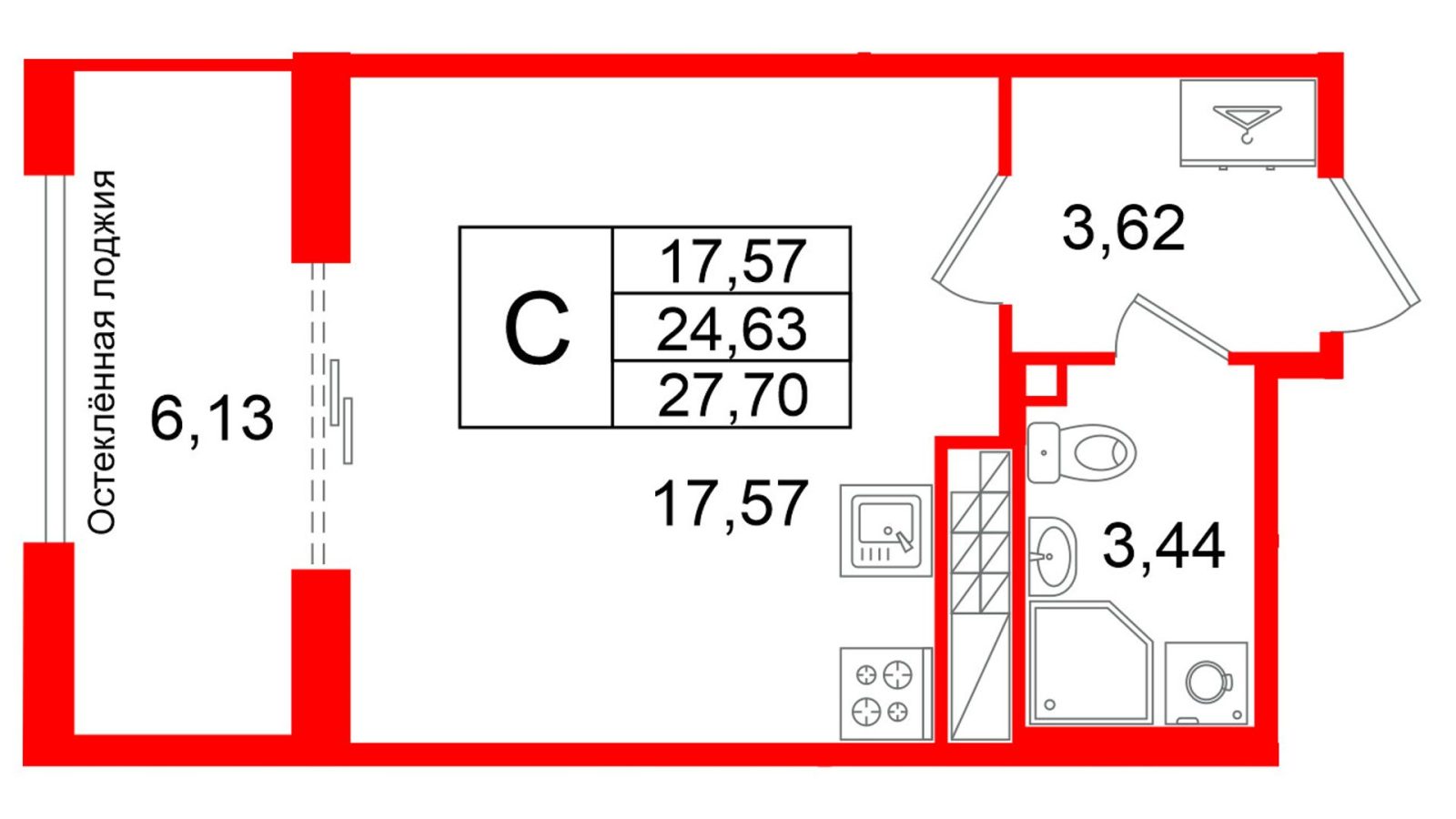 Планировка: студия, 24,6 м²