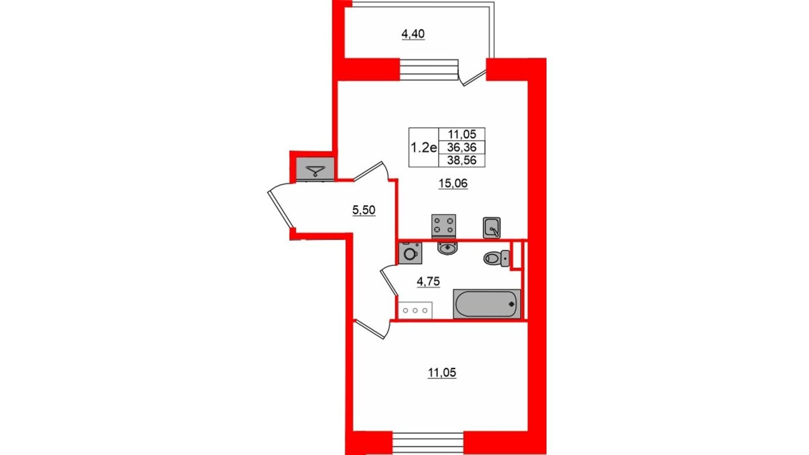 Планировка: 1-комнатная квартира, 36,4 м²