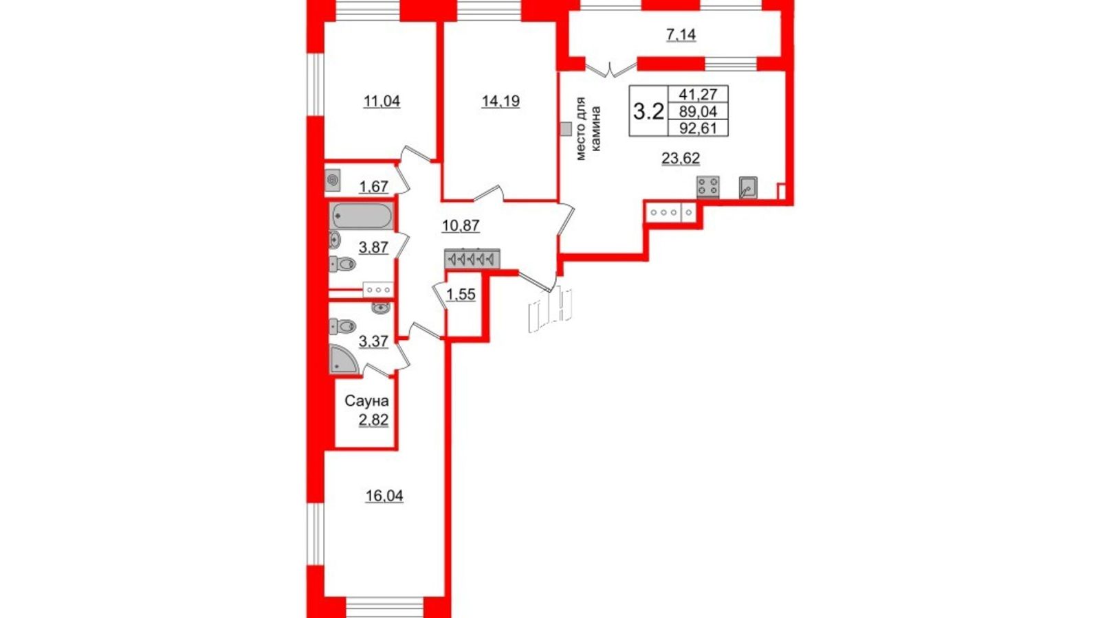 Планировка: 3-комнатная квартира, 88,1 м²