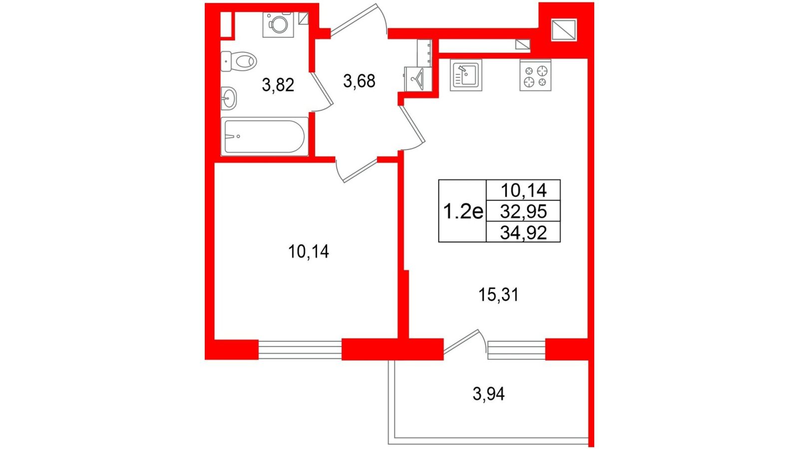 Планировка: 1-комнатная квартира, 33,0 м²