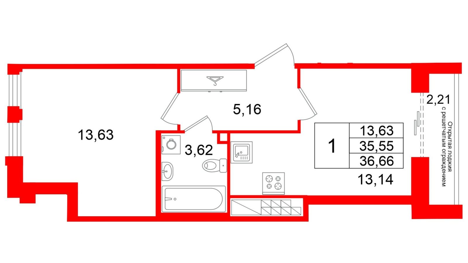 Планировка: 1-комнатная квартира, 35,6 м²