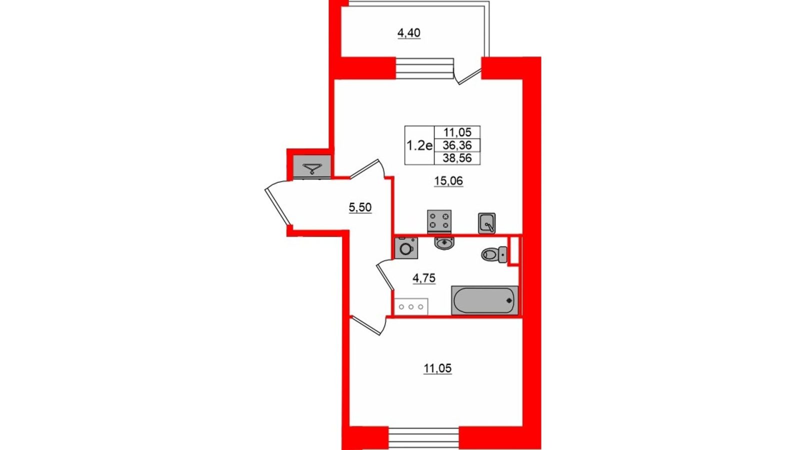 Планировка: 1-комнатная квартира, 36,4 м²