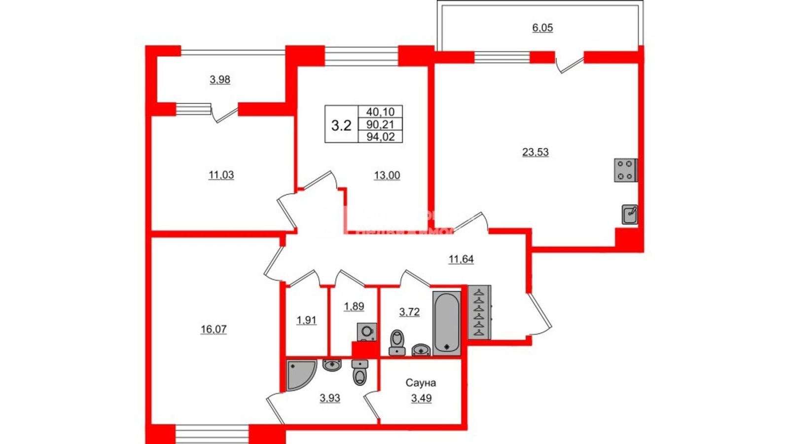 Планировка: 3-комнатная квартира, 90,2 м²