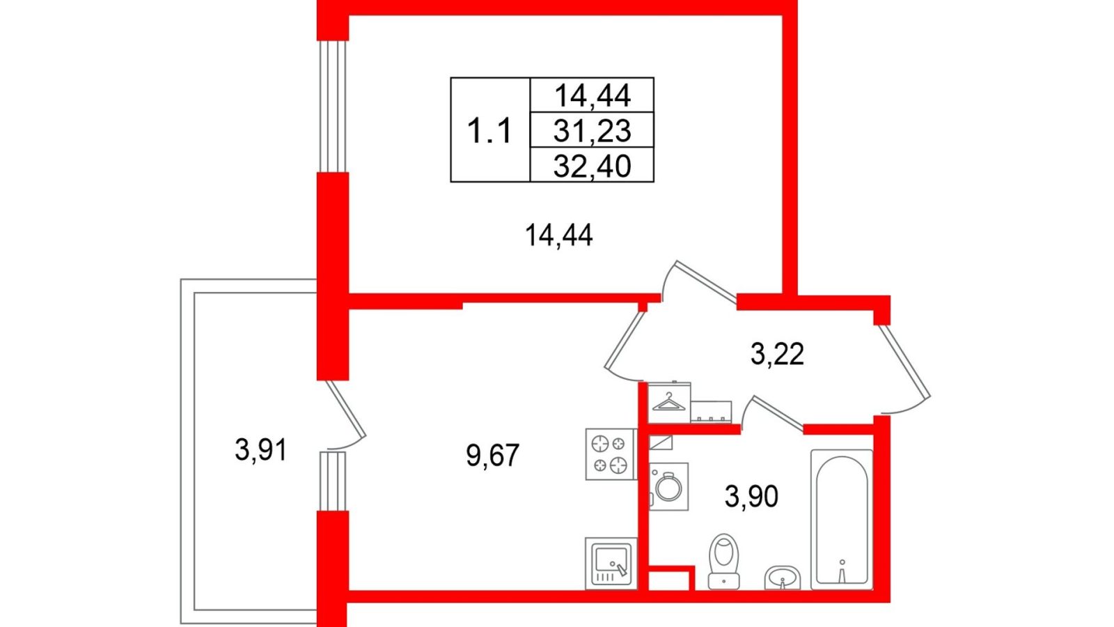 Планировка: 1-комнатная квартира, 31,2 м²