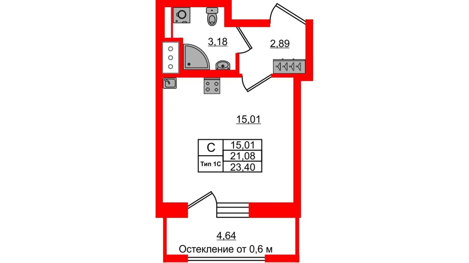 Планировка: студия, 21,1 м²