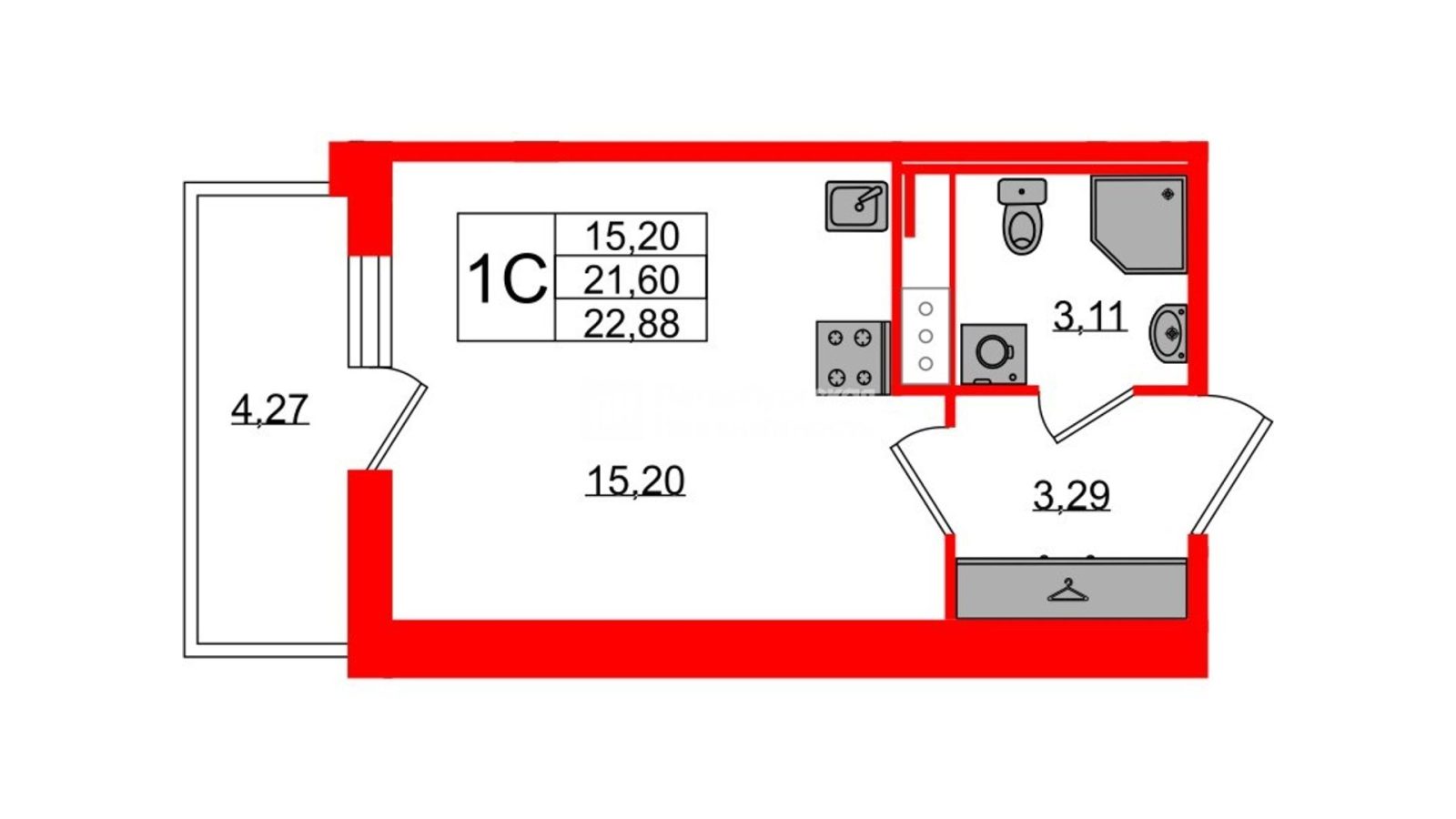 Планировка: студия, 21,6 м²