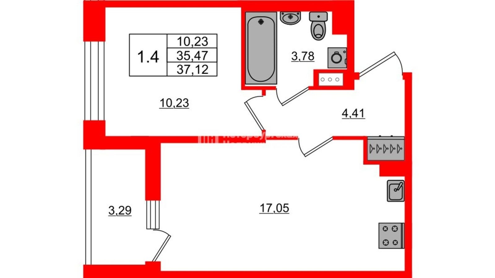 Планировка: 1-комнатная квартира, 35,5 м²