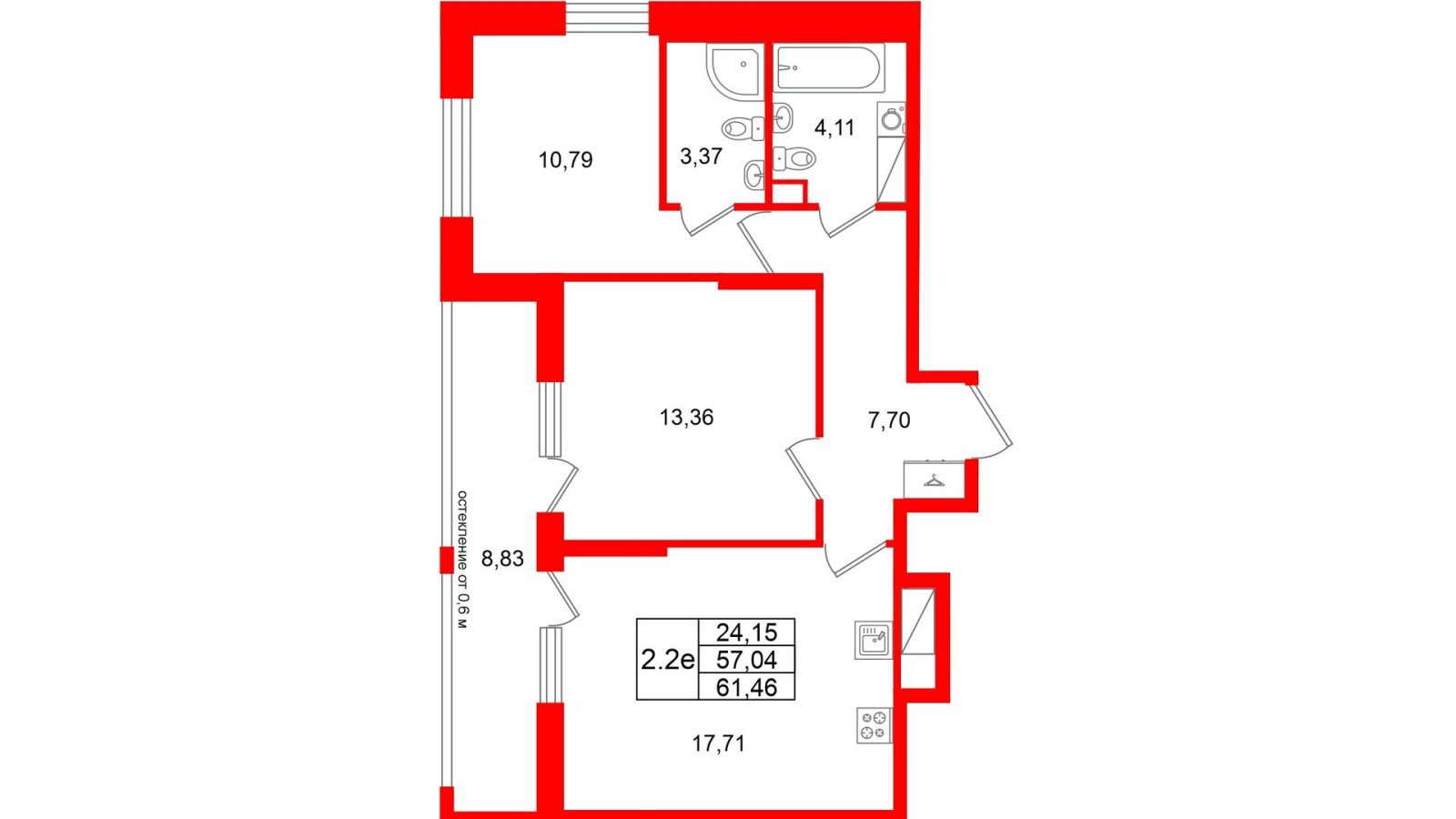 Планировка: 2-комнатная квартира, 57,0 м²