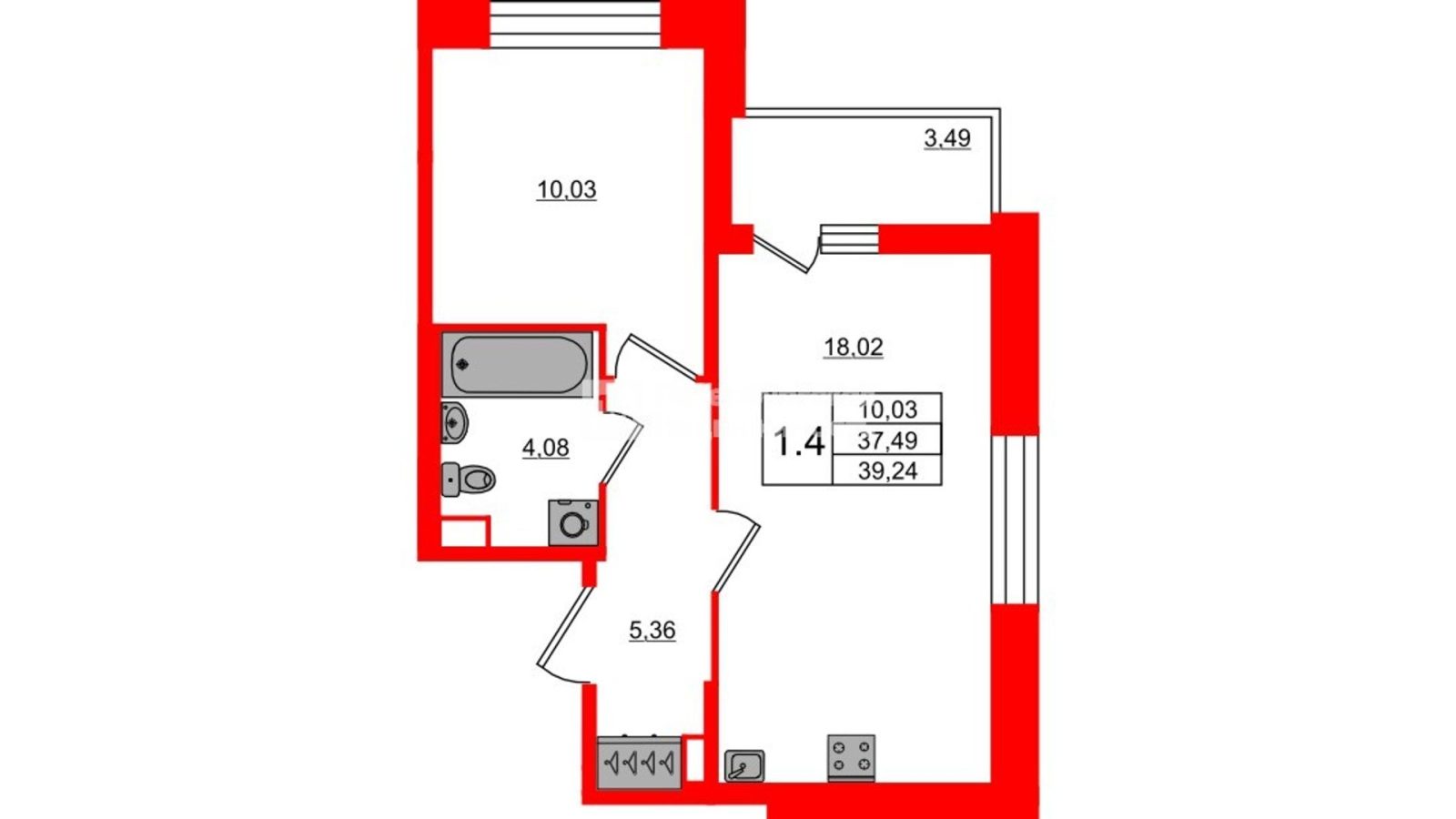 Планировка: 1-комнатная квартира, 37,5 м²