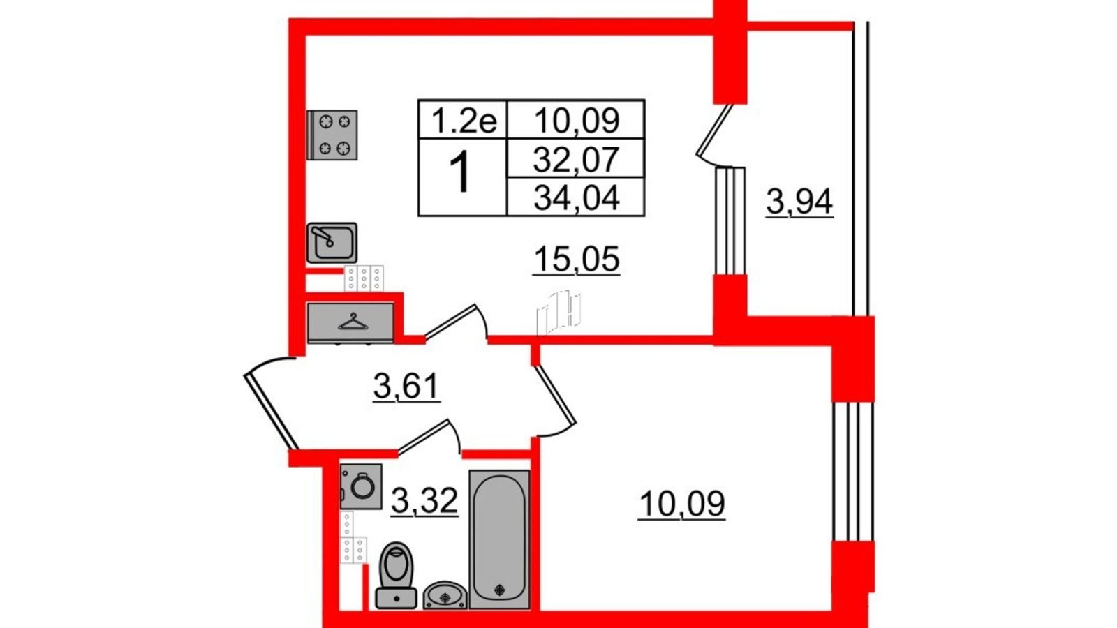 Планировка: 1-комнатная квартира, 31,7 м²