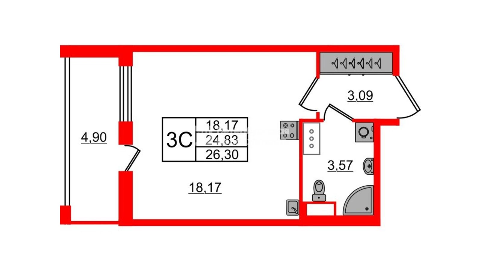 Планировка: студия, 24,8 м²