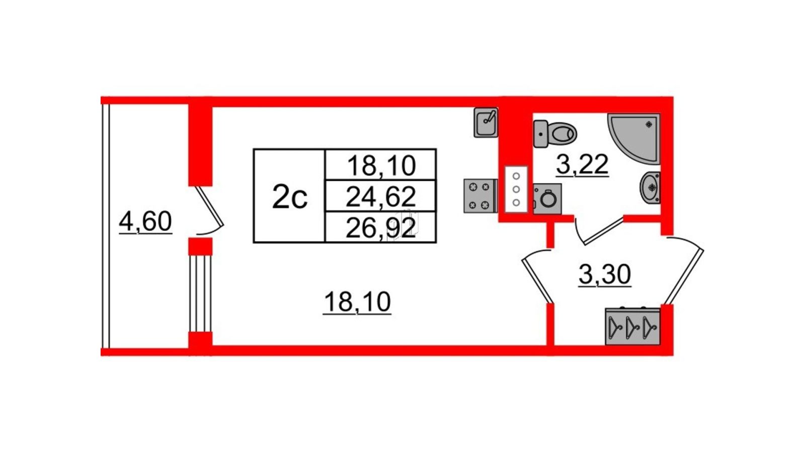 Планировка: студия, 24,6 м²