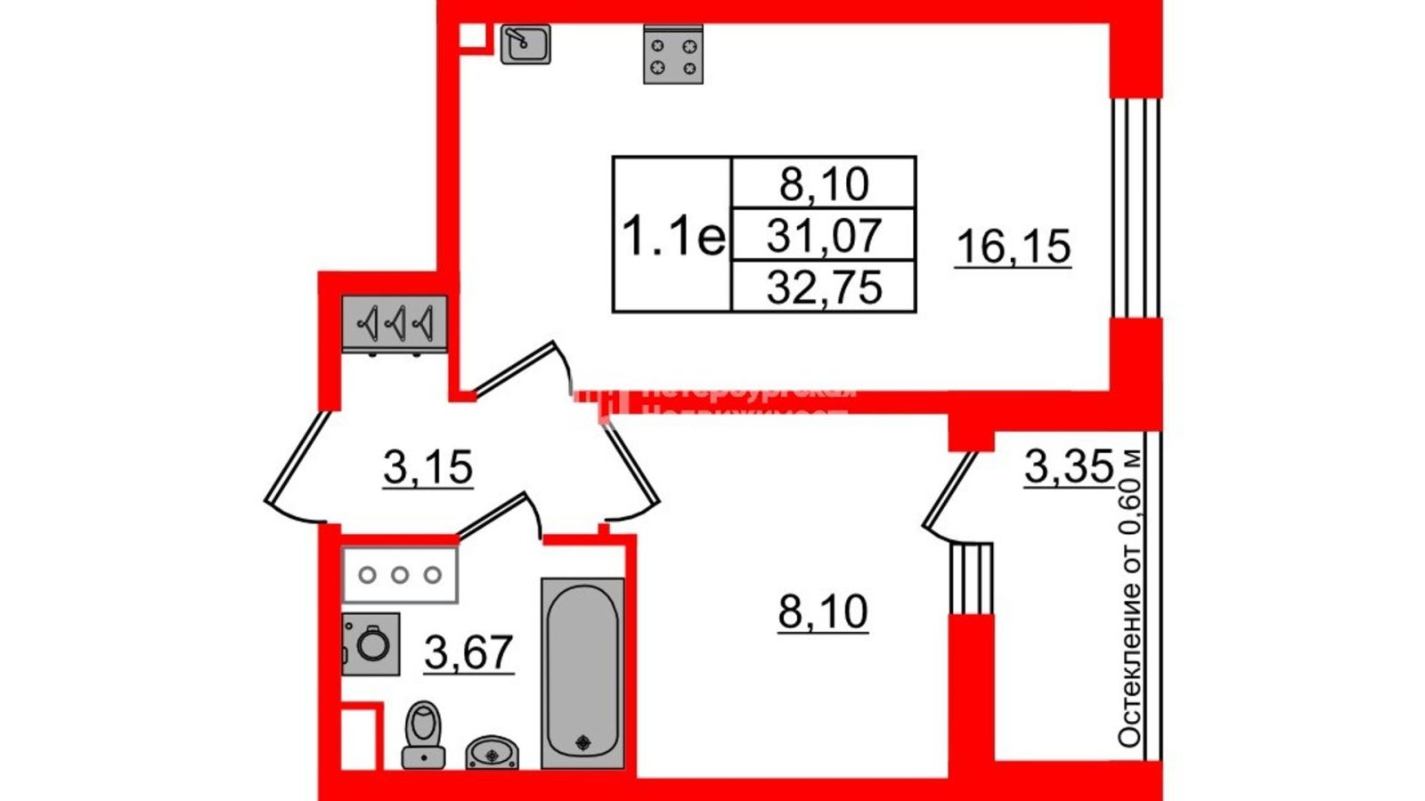 Планировка: 1-комнатная квартира, 31,1 м²