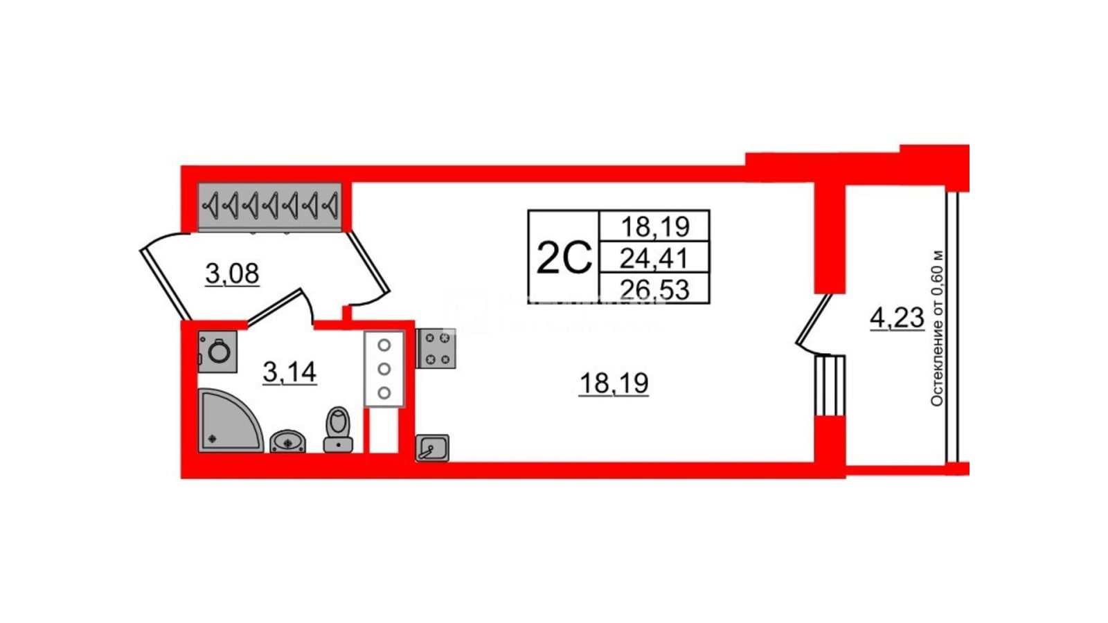 Планировка: студия, 24,4 м²