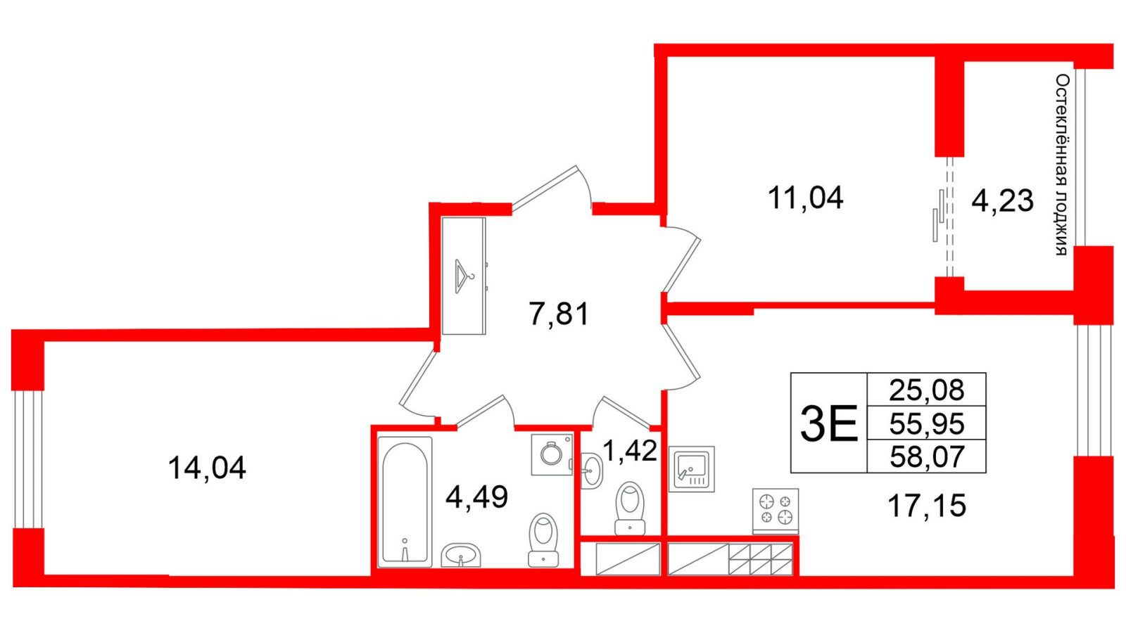 Планировка: 2-комнатная квартира, 56,0 м²
