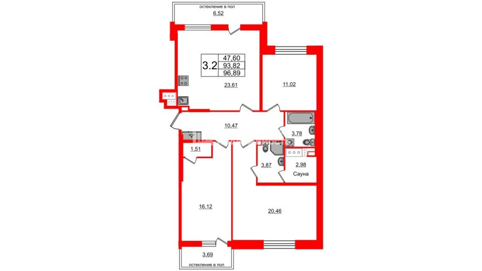 Планировка: 3-комнатная квартира, 93,8 м²