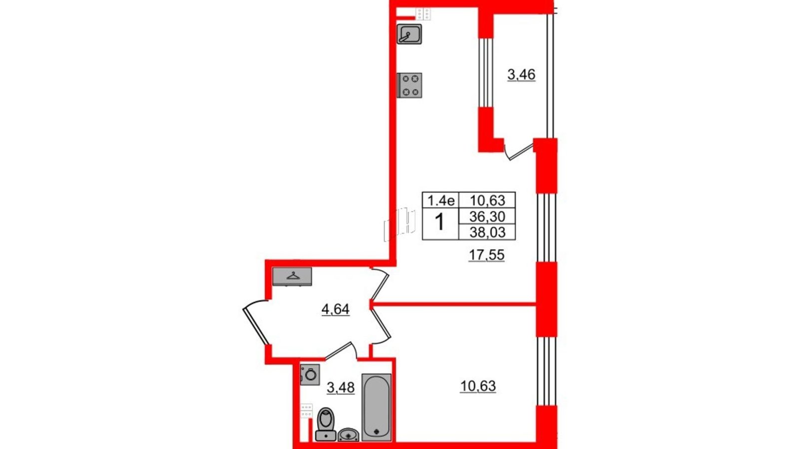 Планировка: 1-комнатная квартира, 35,7 м²