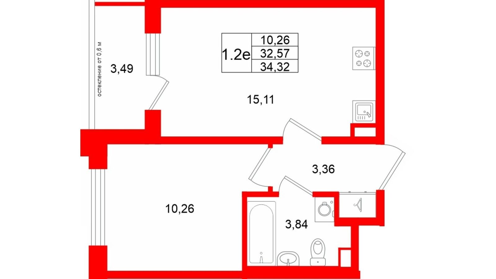 Планировка: 1-комнатная квартира, 32,6 м²