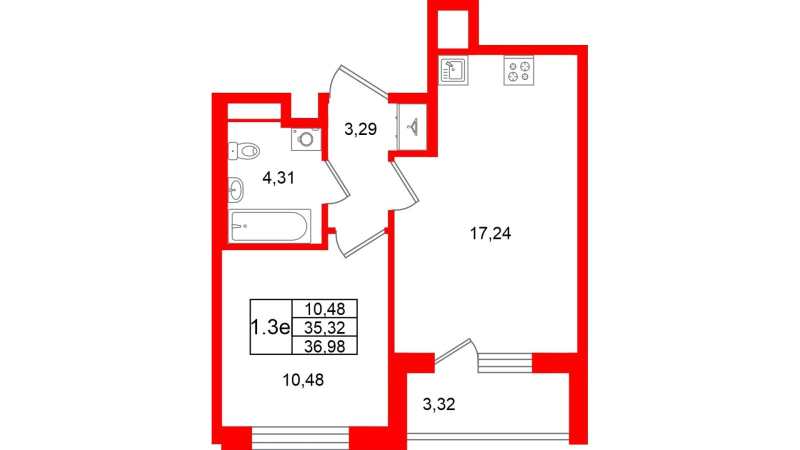 Планировка: 1-комнатная квартира, 35,3 м²