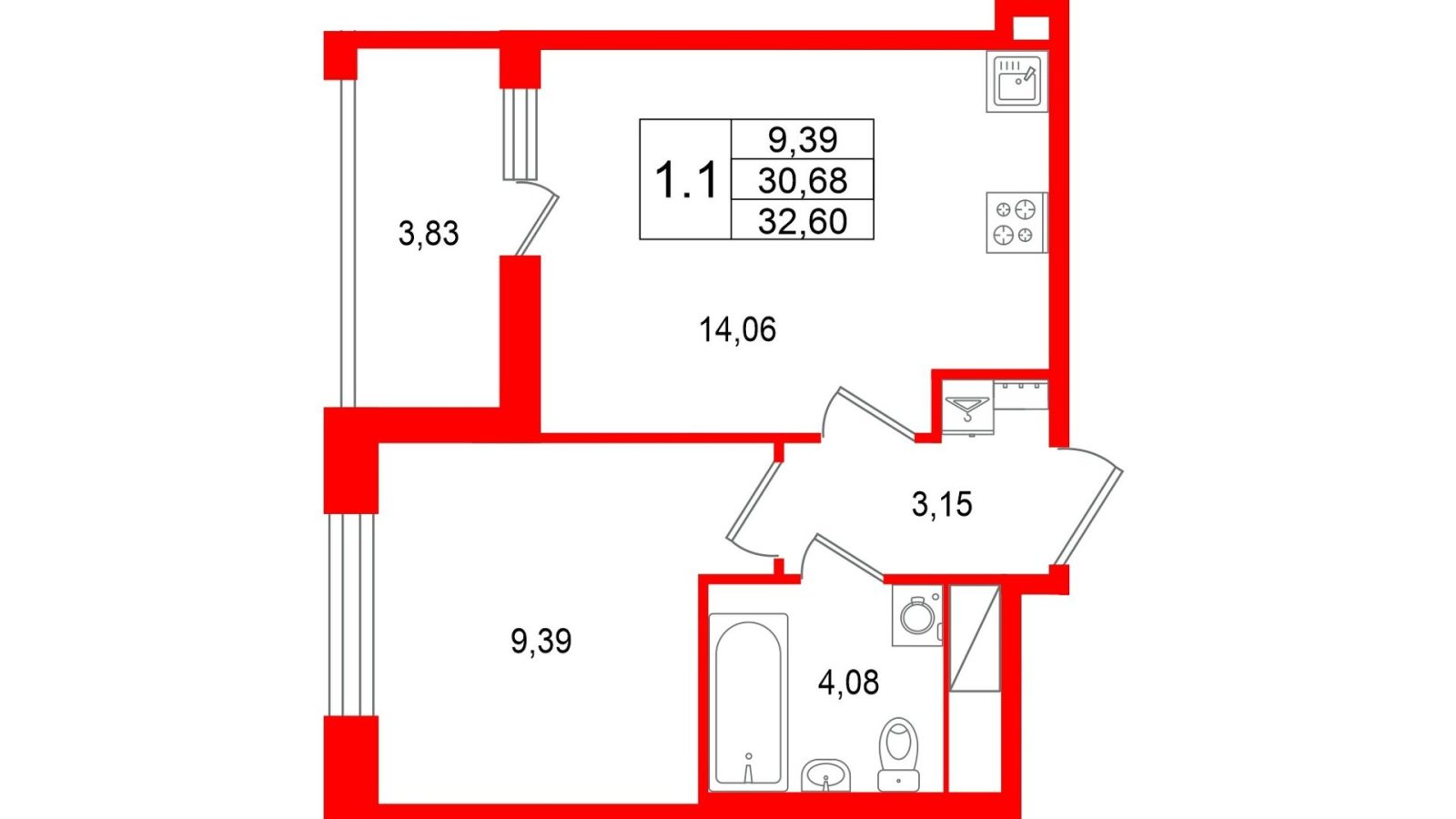 Планировка: 1-комнатная квартира, 30,7 м²