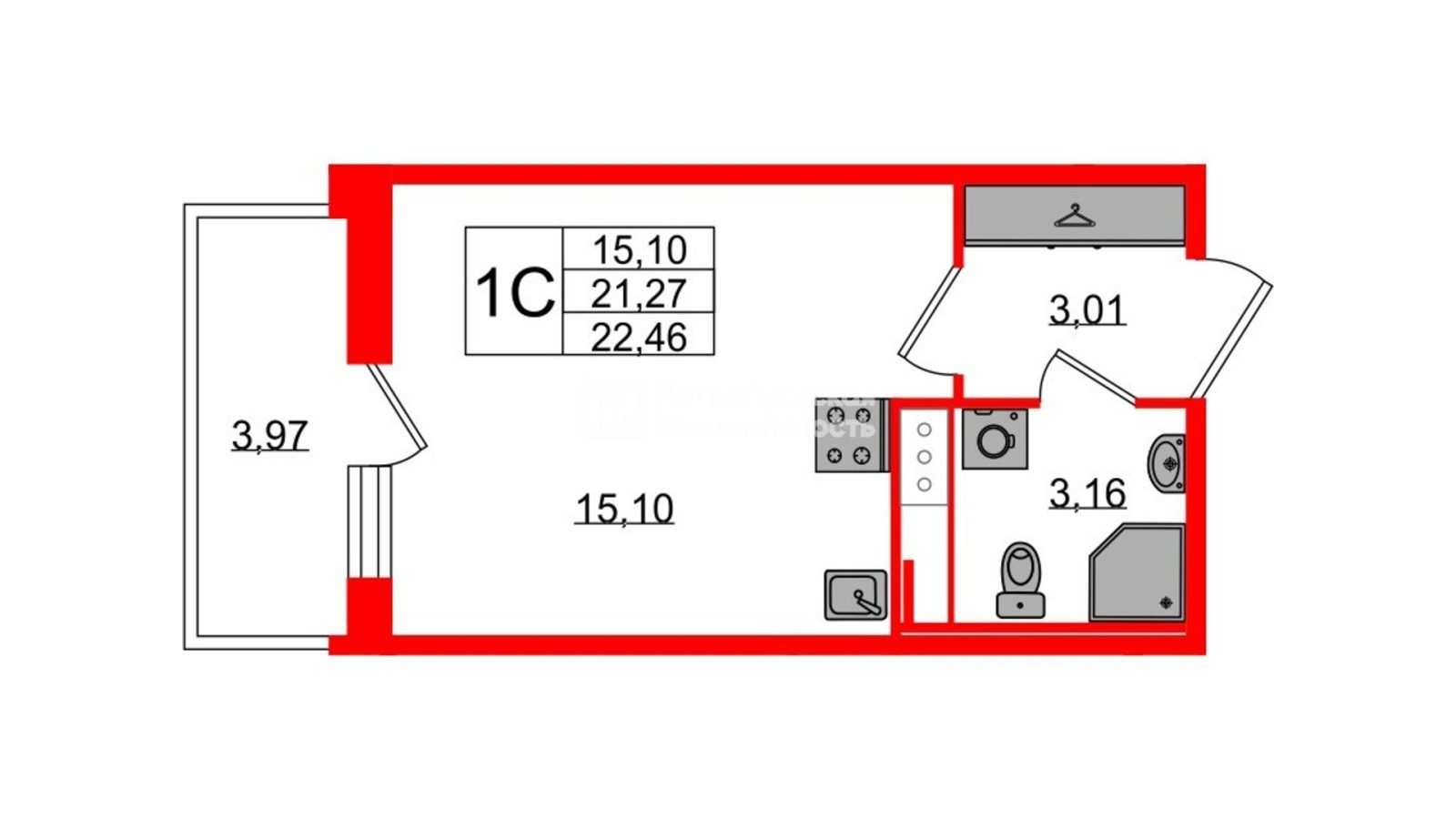 Планировка: студия, 21,3 м²