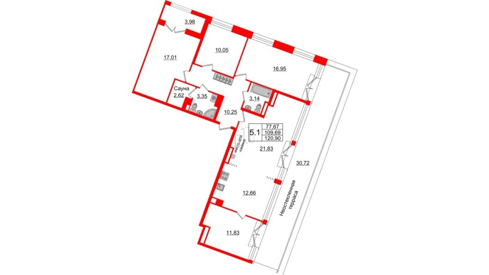 Планировка: 5-комнатная квартира, 109,8 м²