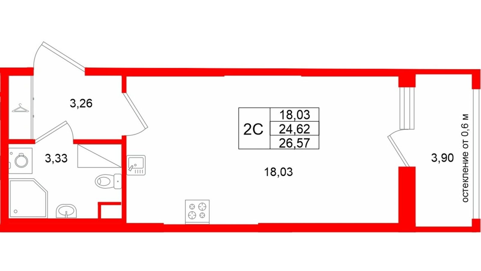 Планировка: студия, 24,6 м²