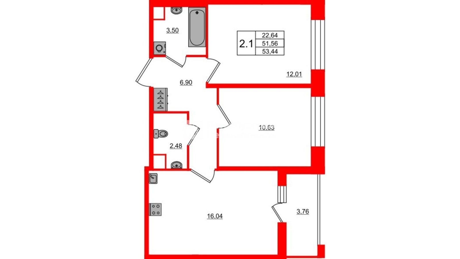 Планировка: 2-комнатная квартира, 51,6 м²