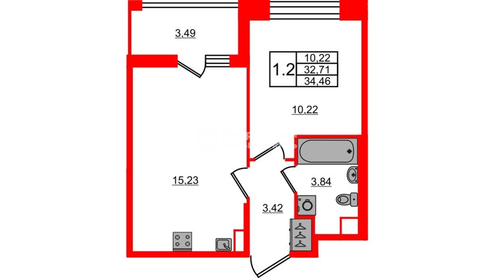 Планировка: 1-комнатная квартира, 32,7 м²