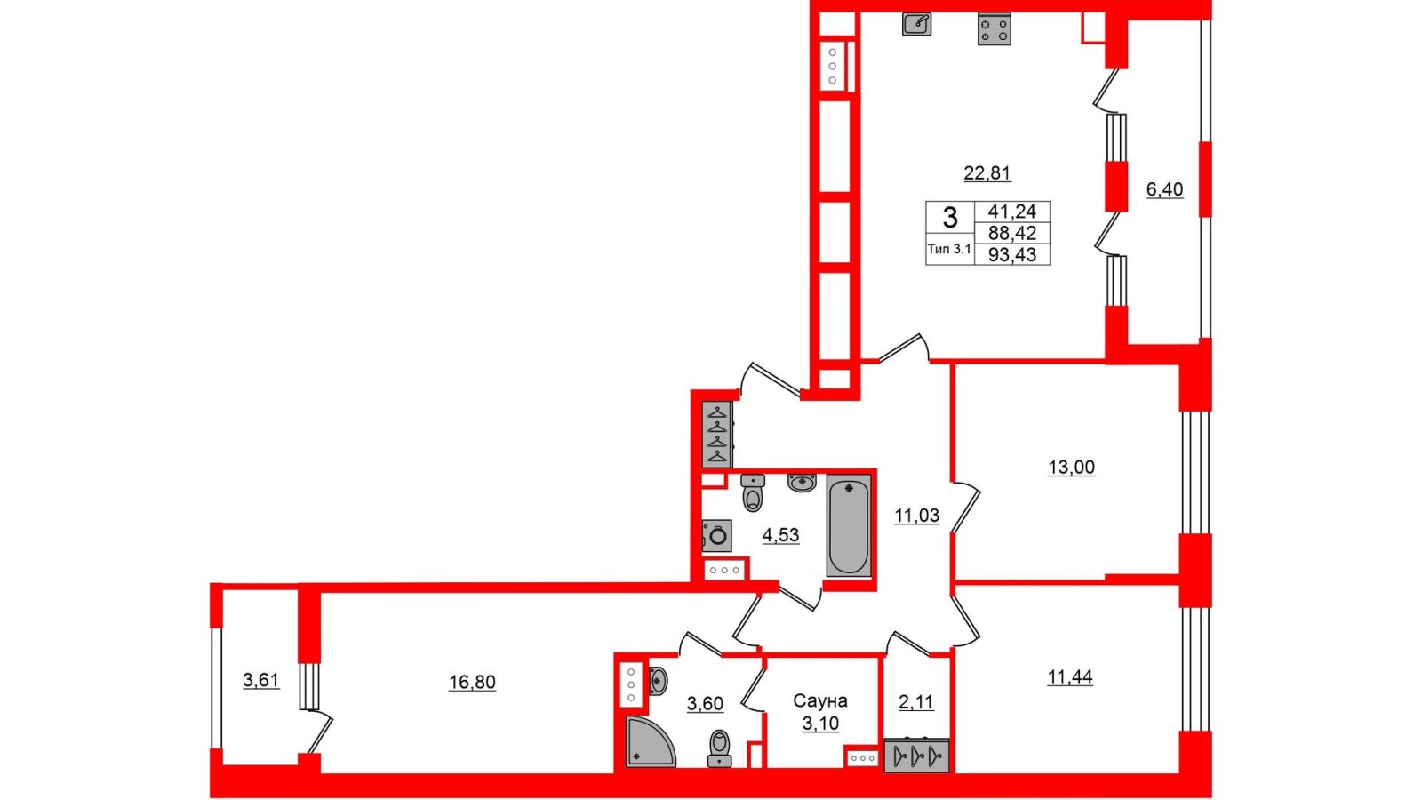 Планировка: 3-комнатная квартира, 88,4 м²
