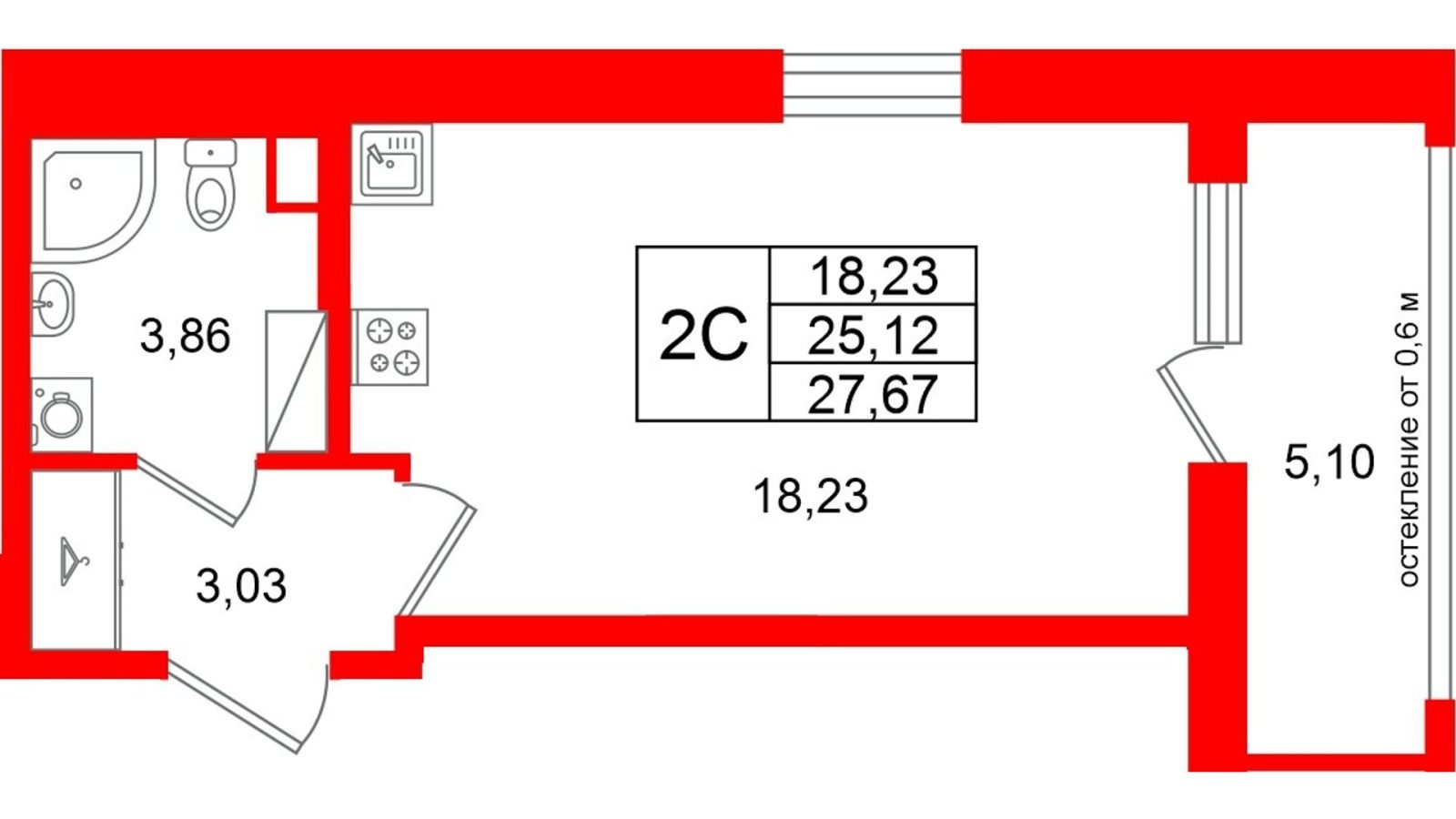 Планировка: студия, 25,1 м²