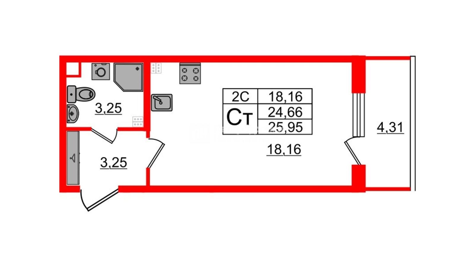 Планировка: студия, 24,2 м²
