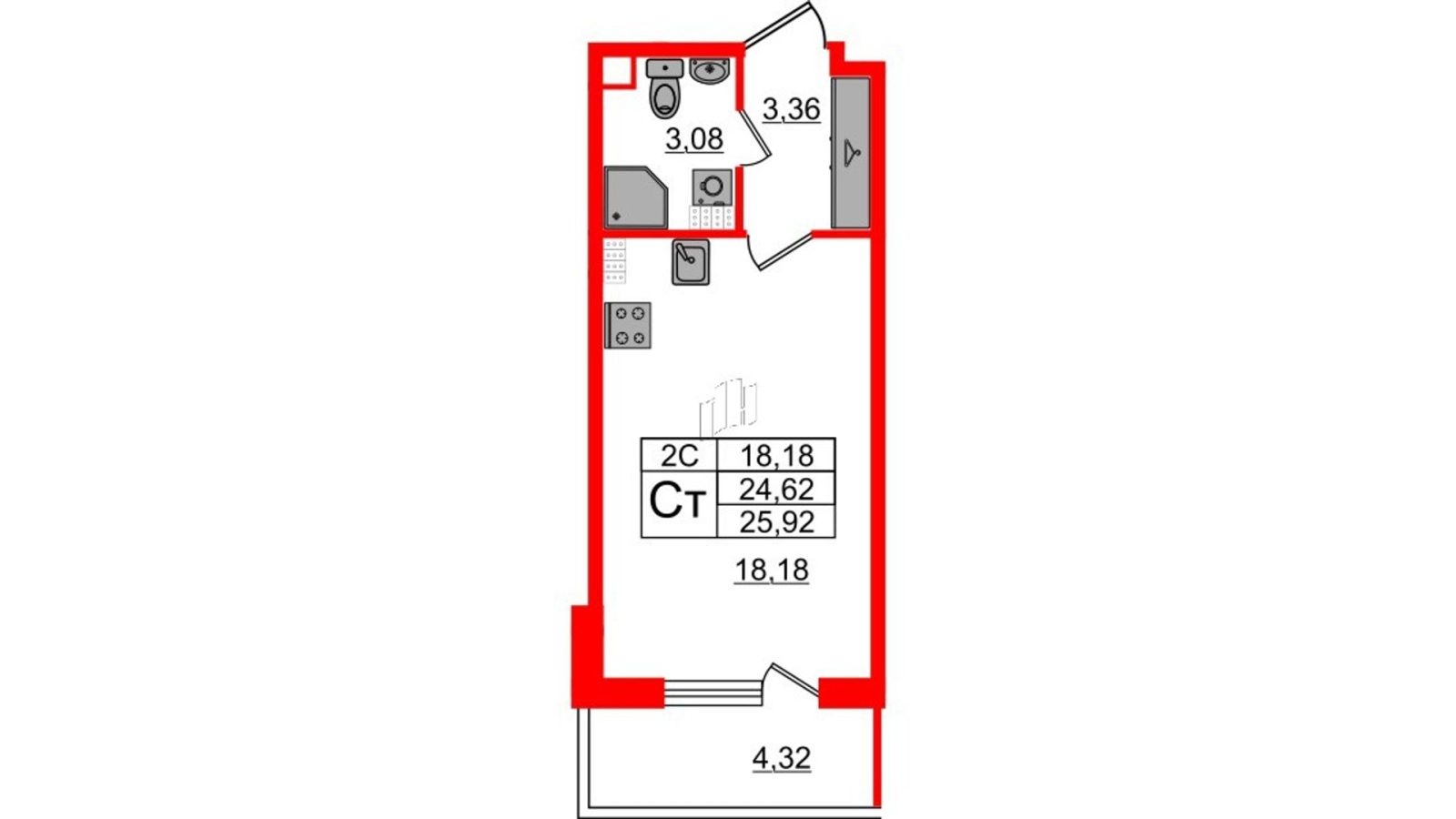 Планировка: студия, 24,3 м²